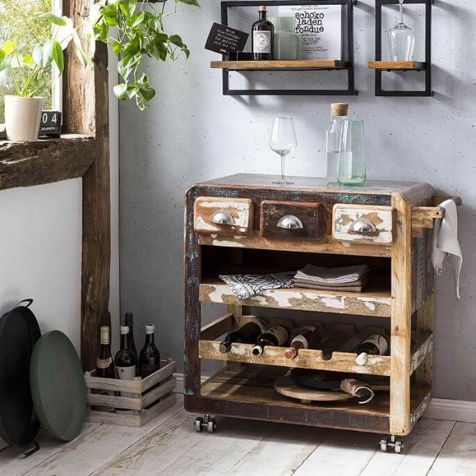 Desserte de cuisine vintage en bois massif recyclé coloré Elija